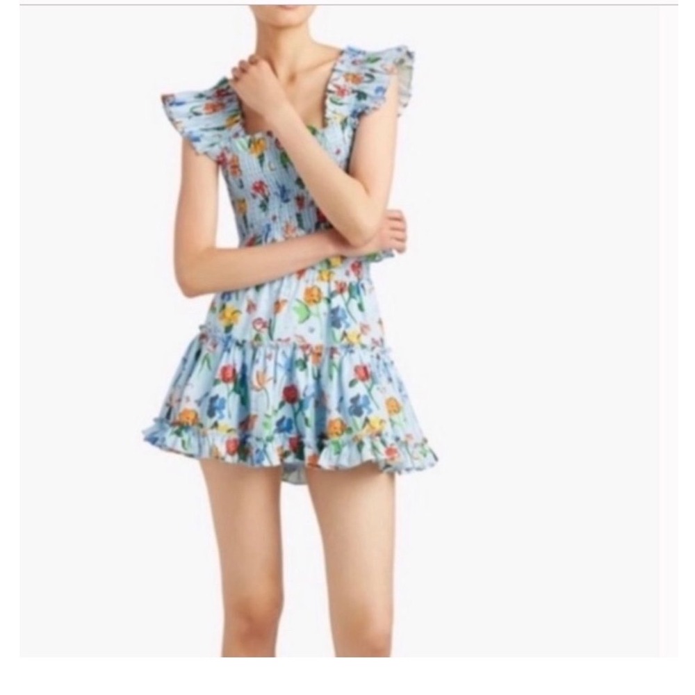 Hill House Home Paz Blue Space Floral 2 Piece Set Smocked Top Skirt Linen Small